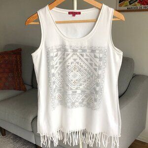 San Fransisco White Fringed Tank Top Sheer Scoop Neck Festival Summer Women's M